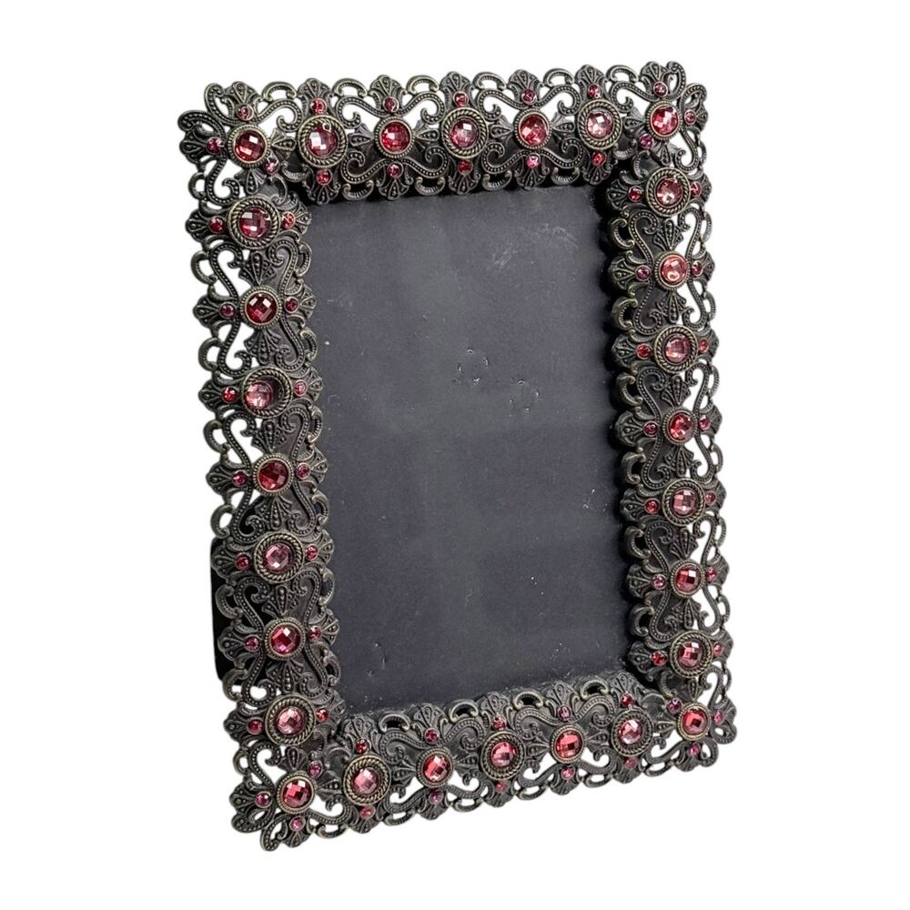 Green Tree Gallery Picture Frame 4x6 Fleur de Lis Metalwork Pink Rhinestone Vtg
